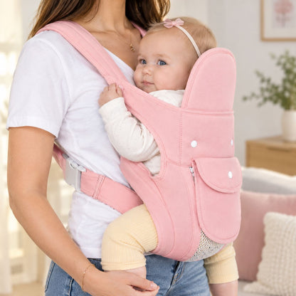 Porte-bébé multiposition rose avec panneau relevable et poche frontale, vue de profil en intérieur