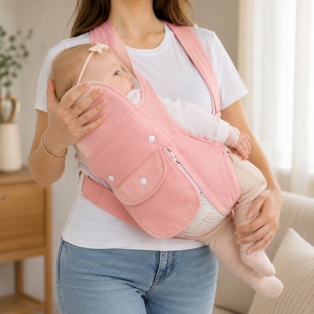 Porte-bébé multiposition rose avec panneau relevable, utilisé en position horizontale en intérieur