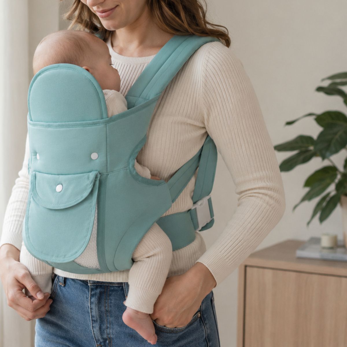Porte-bébé multiposition vert sauge avec panneau relevable et poche frontale, porté face au parent en intérieur