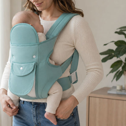 Porte-bébé multiposition vert sauge avec panneau relevable et poche frontale, porté face au parent en intérieur