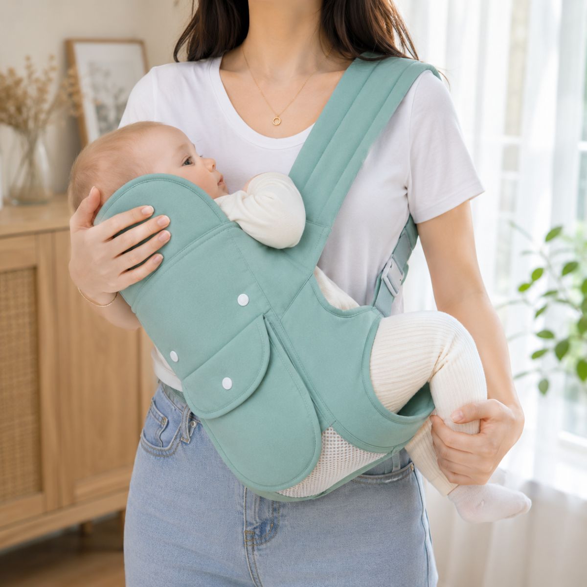 Porte-bébé multiposition vert sauge avec panneau relevable, utilisé en position horizontale en intérieur