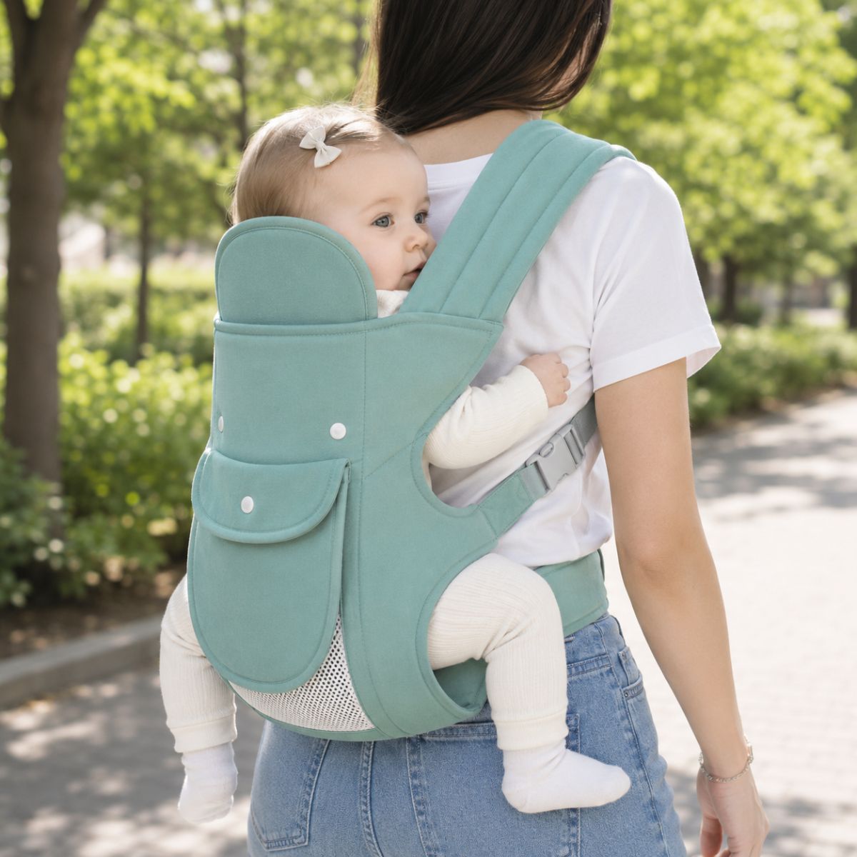 Porte-bébé multiposition vert sauge avec panneau relevable et poche frontale, porté au dos en extérieur