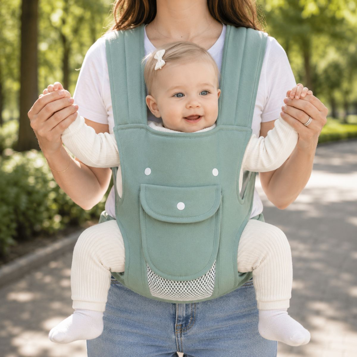 Porte-bébé multiposition vert sauge avec panneau relevable, bébé porté face vers l’extérieur