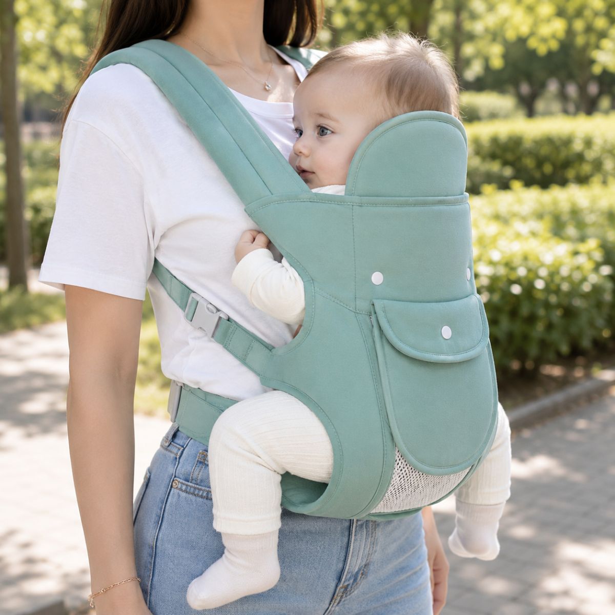 Porte-bébé multiposition vert sauge avec panneau relevable et poche frontale, vue de profil en extérieur