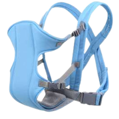 Porte bébé physiologique bleu clair avec vue de profil, mettant en avant son design ergonomique et sa structure adaptée au confort du portage.
