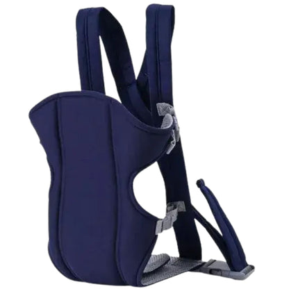 Porte bébé physiologique bleu avec vue de dos montrant les bretelles croisées et le soutien renforcé pour un portage sécurisé et confortable.
