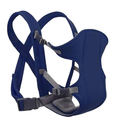 Porte bébé physiologique bleu avec design ergonomique vu de profil, idéal pour un portage confortable et respectueux de la posture de bébé.

