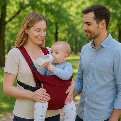 Porte bébé physiologique couleur café utilisé par une maman en extérieur, bébé nourri au biberon.