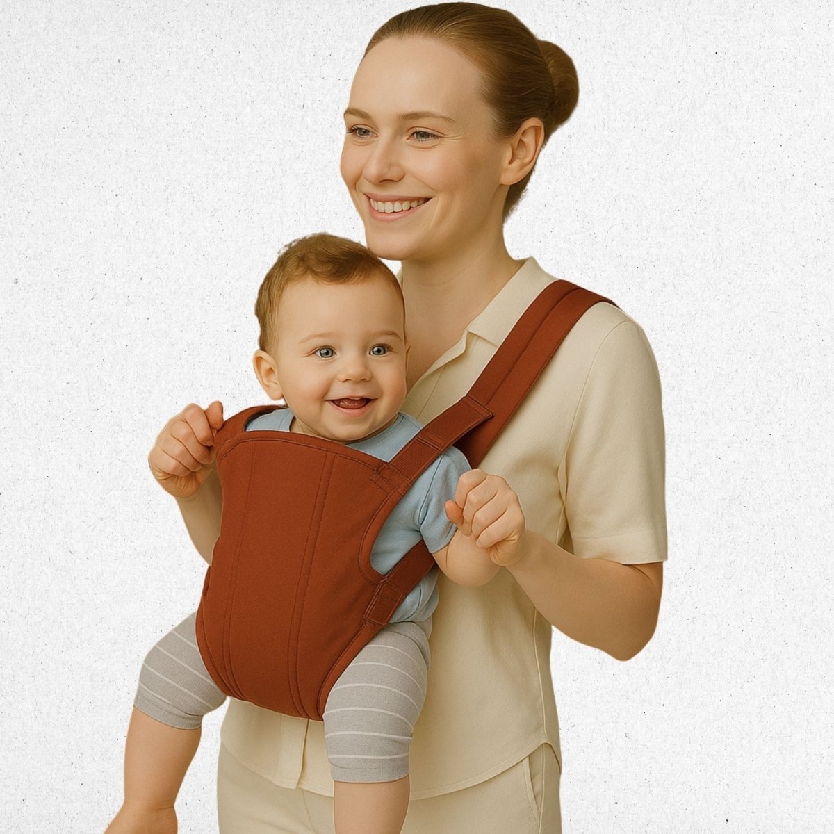 Porte bébé physiologique couleur café avec bébé tenu fermement dans une posture naturelle