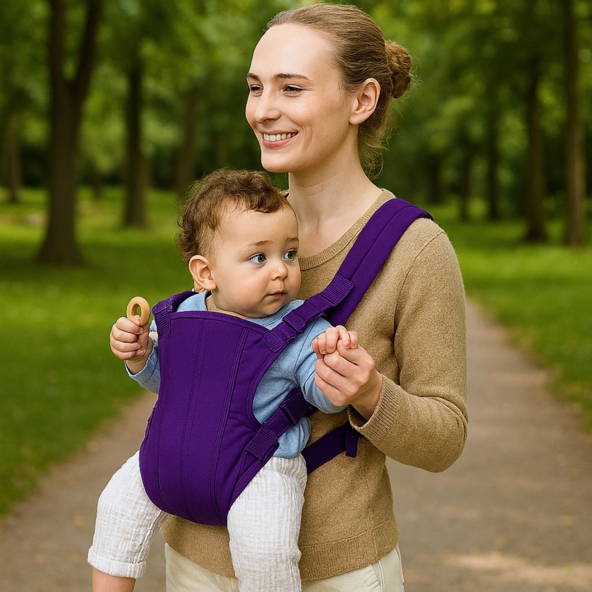Porte bébé physiologique violet porté lors d’une balade, bébé calme avec un petit jouet