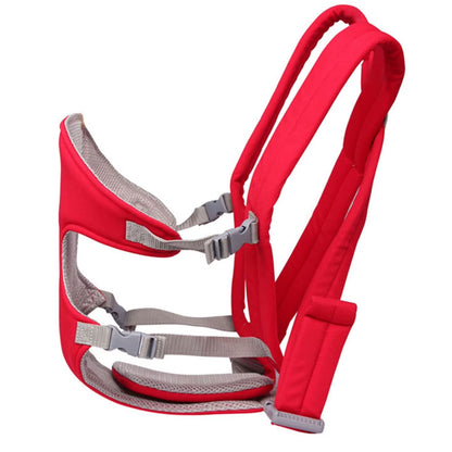 Porte bébé physiologique rouge avec zoom sur le tissu respirant, offrant une meilleure ventilation pour un confort durable pendant le portage.
