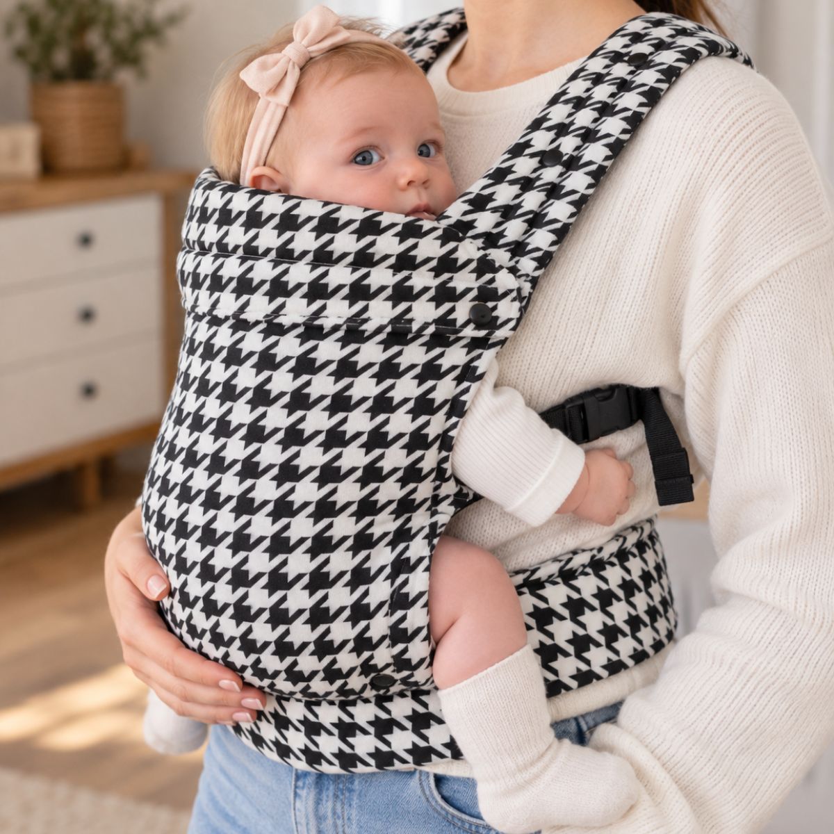 Porte-bébé pied-de-poule noir et blanc en coton avec ceinture large, porté en ventral à l’intérieur