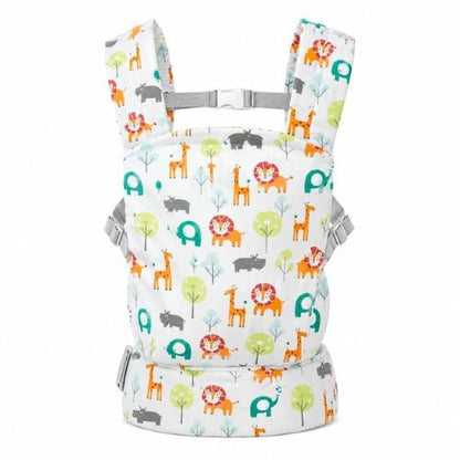 Porte bebe preforme à motifs animaux multicolores présenté seul avec sangle dorsale réglable