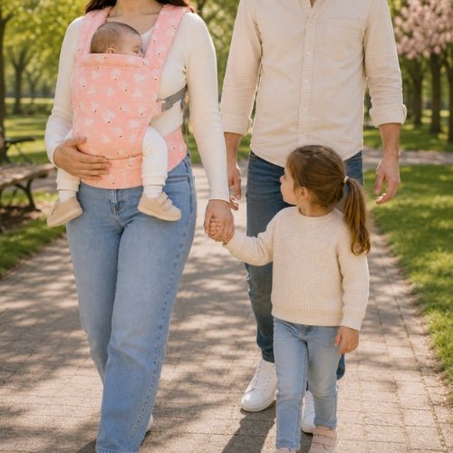 Porte bebe preforme rose imprimé porté devant lors d’une promenade en famille