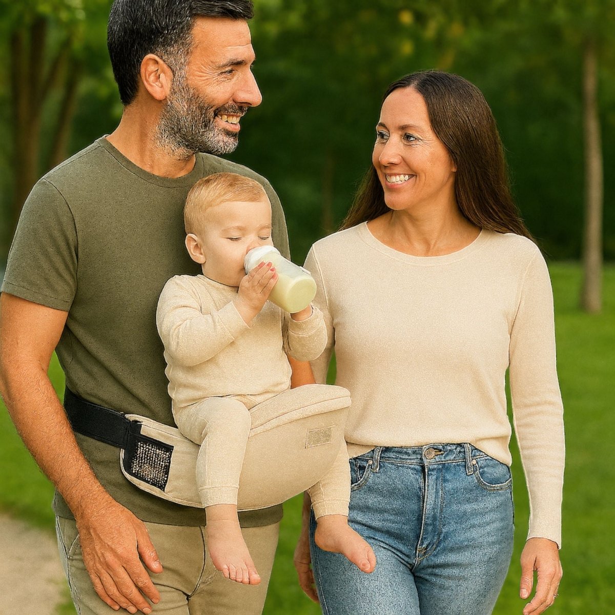 Famille en promenade, bébé assis sur un porte bébé beige, tenant un biberon