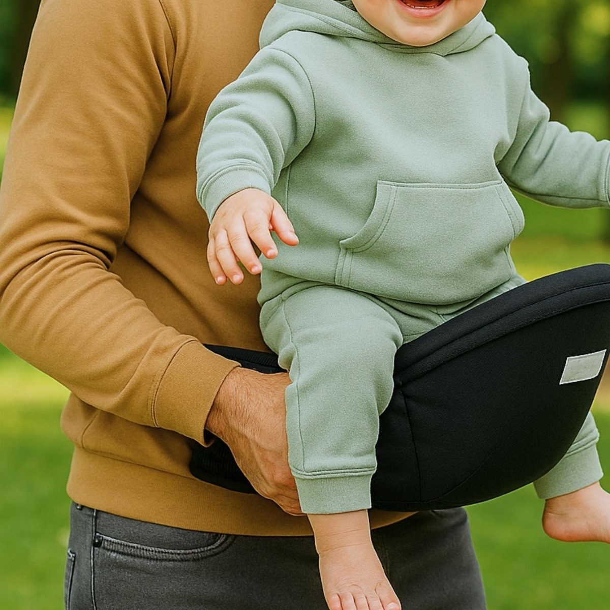 Bébé en tenue beige assis sur un porte bébé noir avec repose-hanche intégré, en promenade