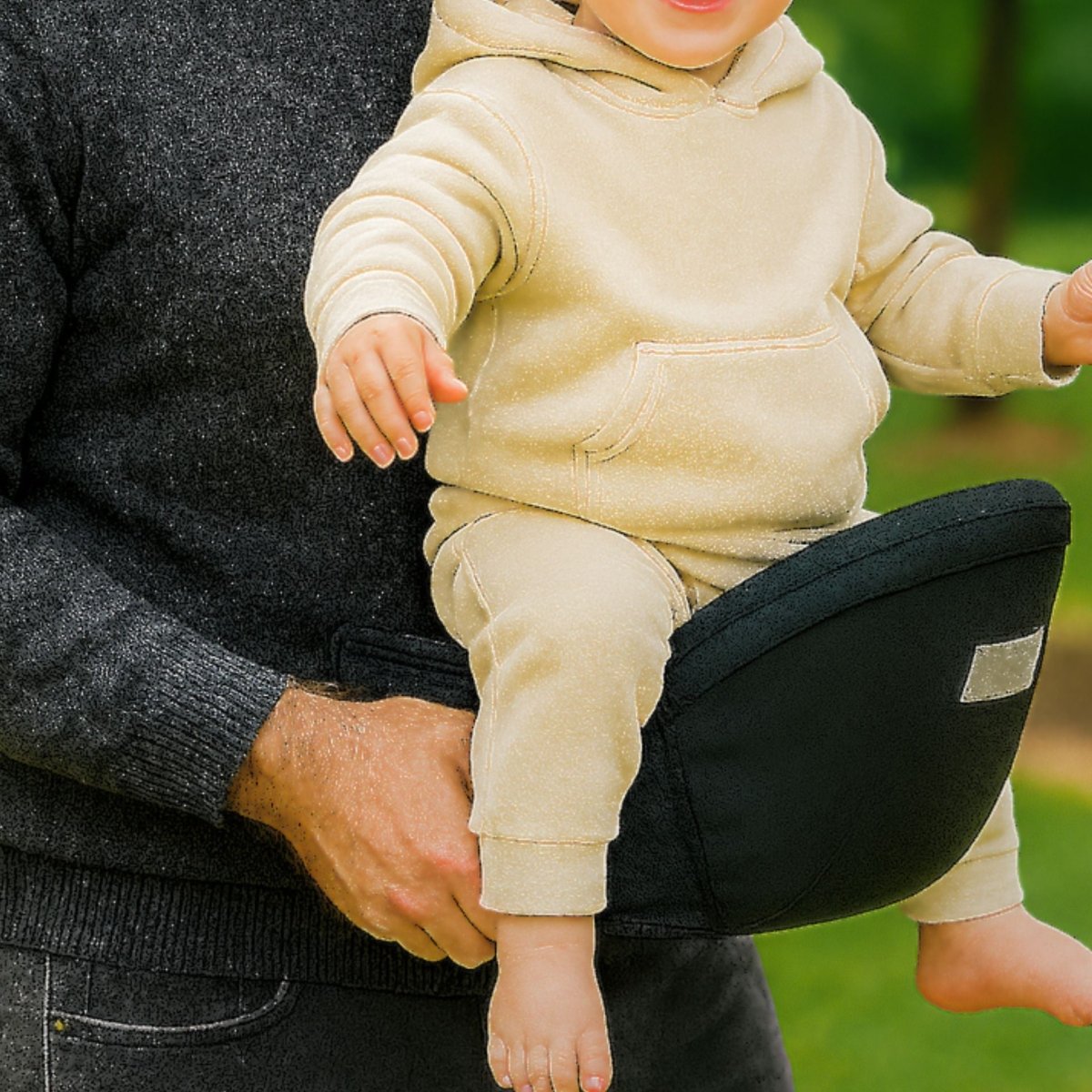 Gros plan sur un bébé en beige assis sur un porte bébé noir à repose-hanche, en extérieur