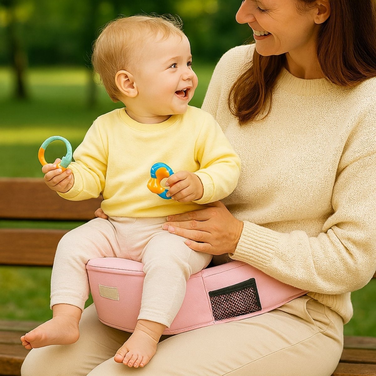 Porte bébé rose avec assise intégrée, bébé en jaune assis sur les genoux d’une femme