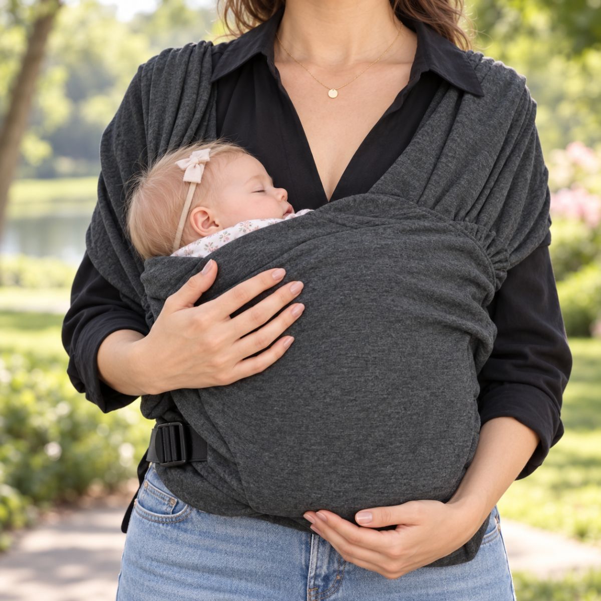 Porte-bébé sans nœud gris foncé avec bébé endormi en portage ventral, enveloppé dans le panneau textile