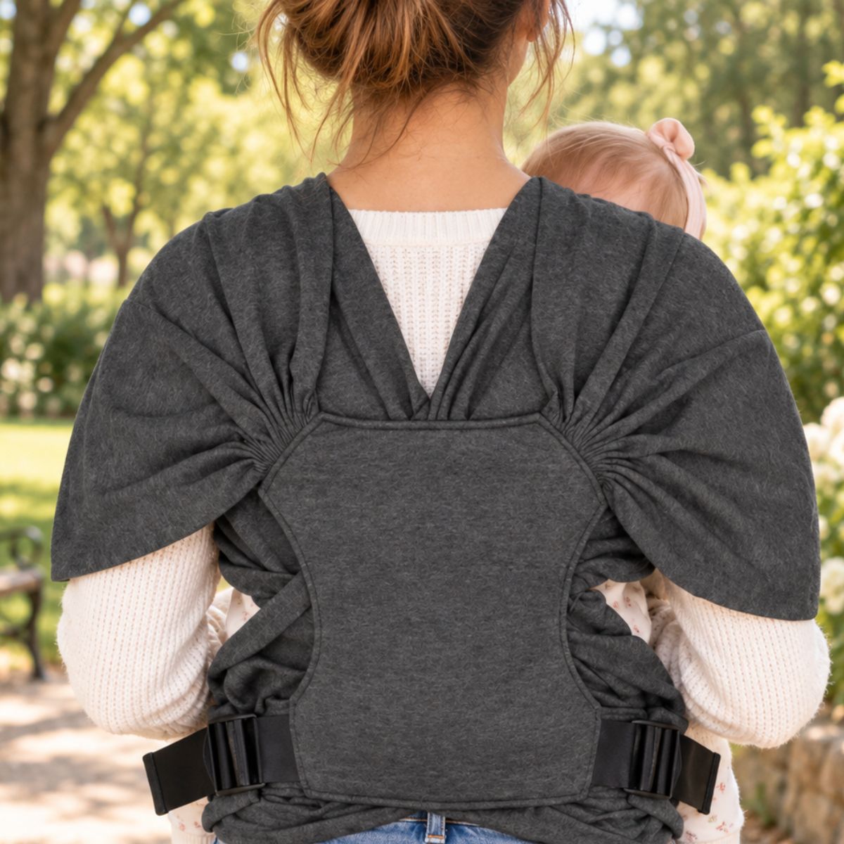 Porte-bébé sans nœud gris foncé vu de dos dans un parc, avec bandes textiles et réglages latéraux visibles