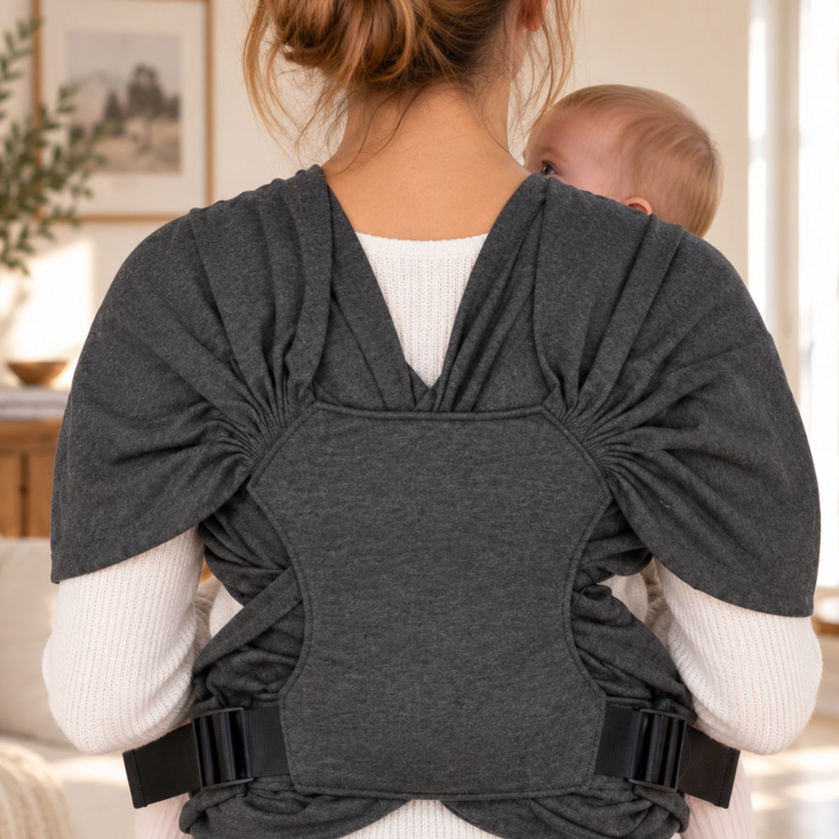 Porte-bébé sans nœud gris foncé vu de dos, montrant le panneau central et bébé installé face au porteur