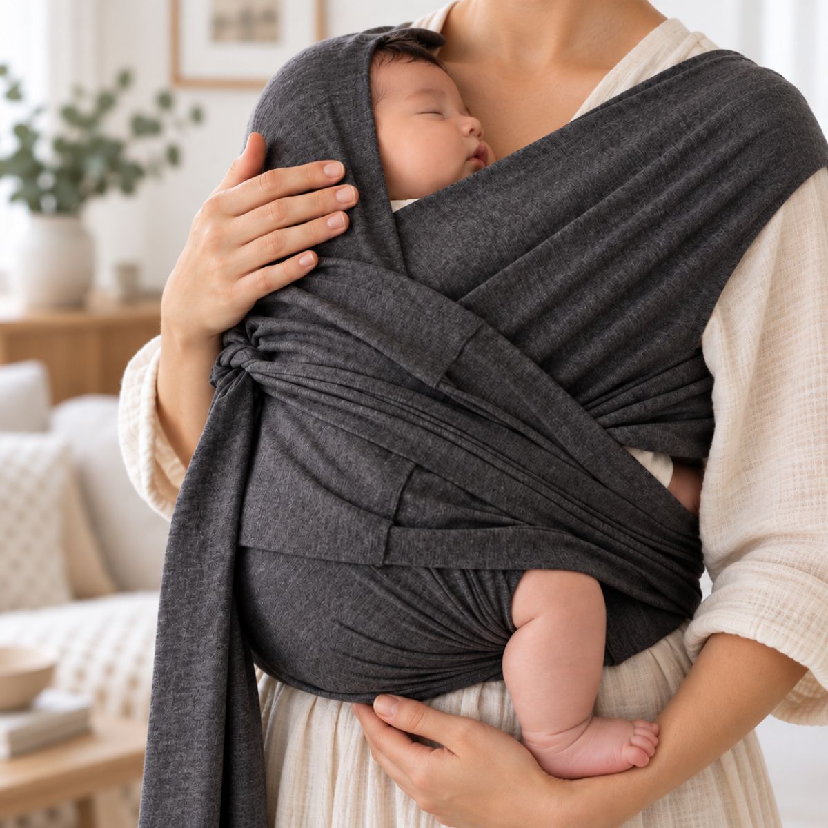 Porte-bébé sans nœud gris foncé en vue rapprochée, avec bébé installé contre le porteur dans la structure textile