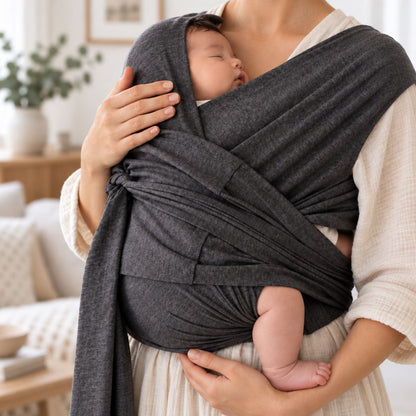 Porte-bébé sans nœud gris foncé en vue rapprochée, avec bébé installé contre le porteur dans la structure textile