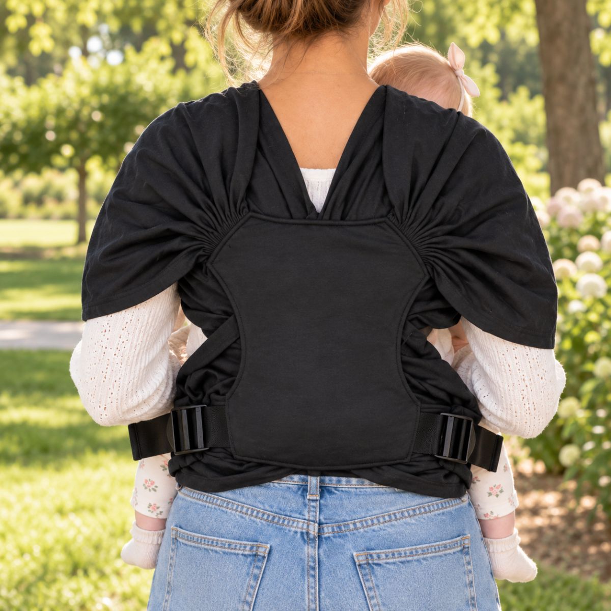 Porte-bébé sans nœud noir vu de dos en extérieur, avec panneau dorsal et sangles latérales réglables