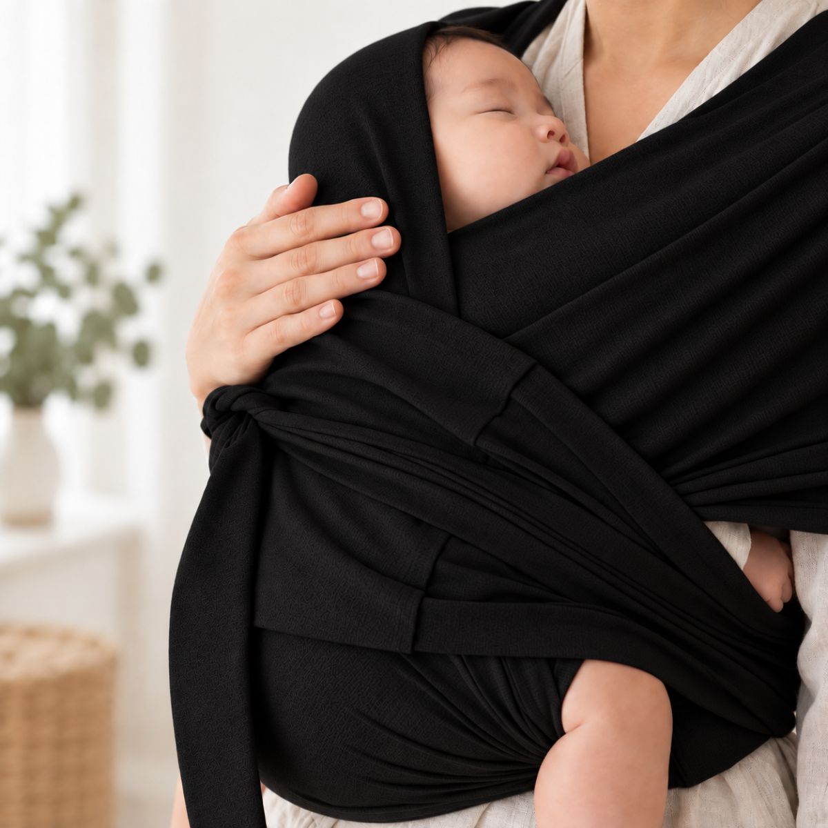 Porte-bébé sans nœud noir avec bébé allongé en portage horizontal, tissu doux et structure ajustable
