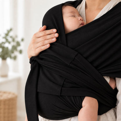Porte-bébé sans nœud noir avec bébé allongé en portage horizontal, tissu doux et structure ajustable