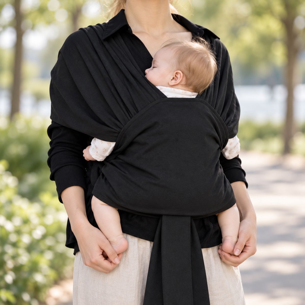 Porte-bébé sans nœud noir avec bébé endormi en portage ventral, structure textile une pièce ajustable
