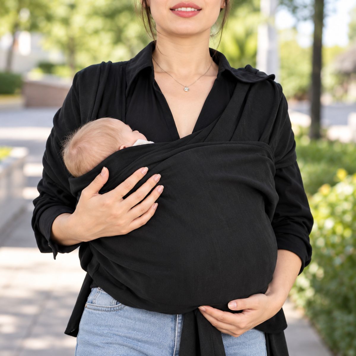 Porte-bébé sans nœud noir en position horizontale, idéal pour porter bébé allongé dès les premiers mois