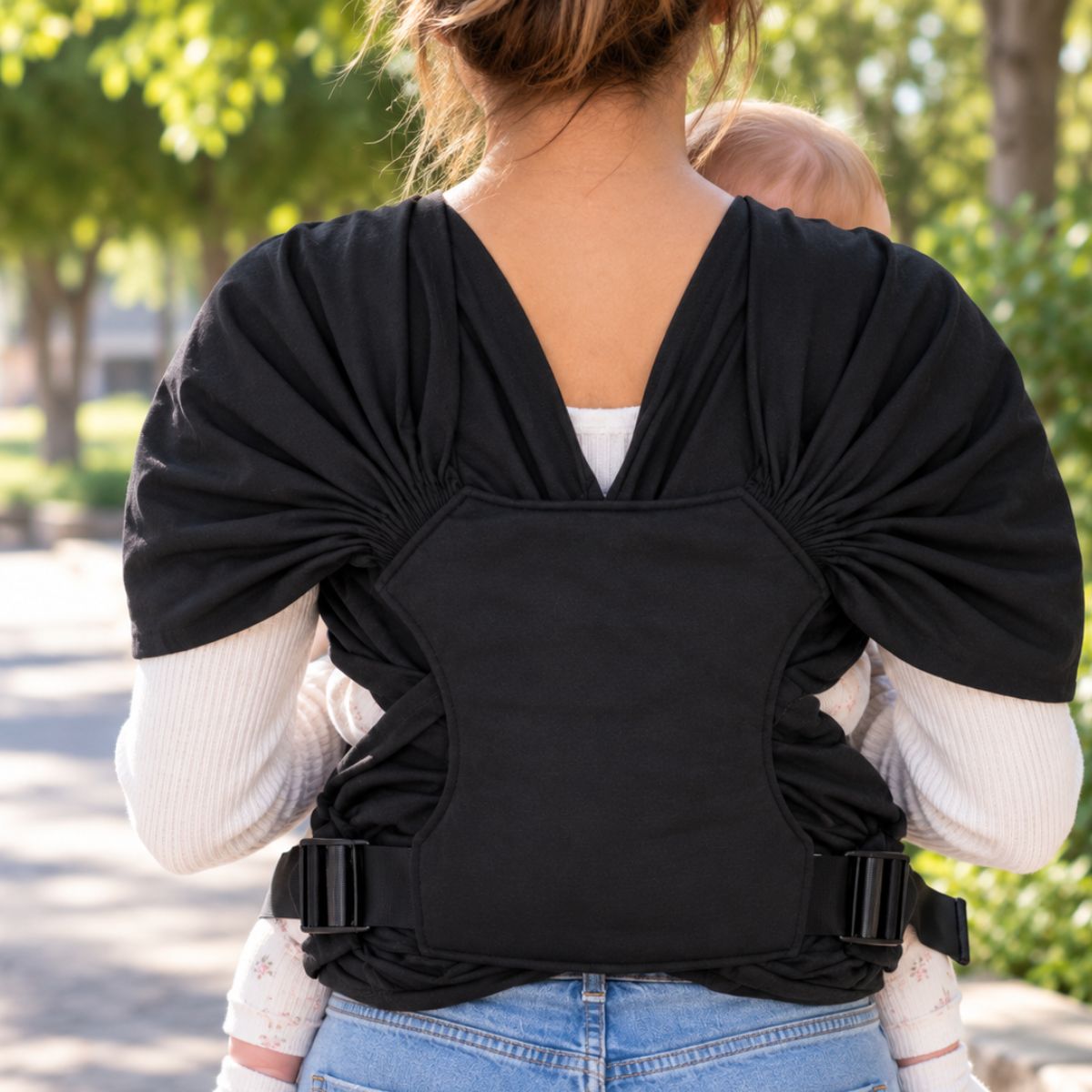 Porte-bébé sans nœud noir vu de dos en gros plan, montrant le panneau arrière et le système d’ajustement