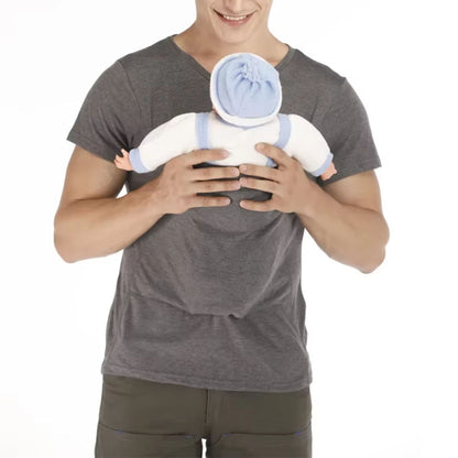 Porte bébé t-shirt porté par papa avec bébé installé en position physiologique