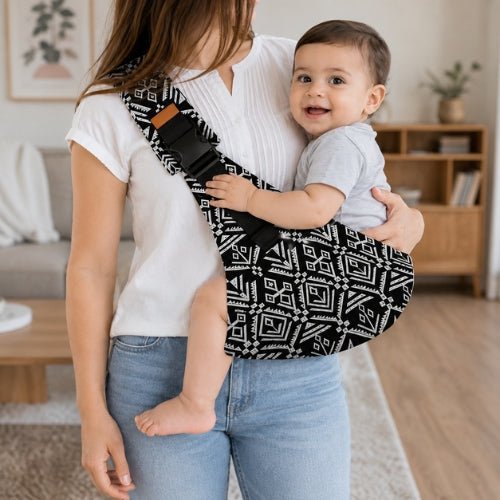 Porte-bébé souple à une épaule noir et blanc à motif géométrique, port latéral dans un salon