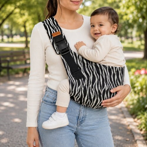 Porte-bébé souple à une épaule motif zébré noir et blanc avec boucle réglable, port latéral dans un parc
