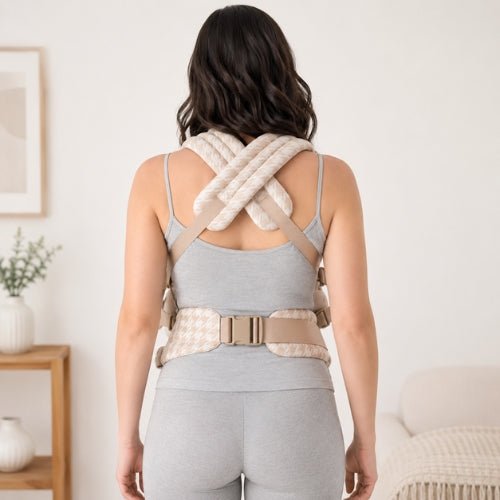Porte kangourou bebe beige avec bretelles croisées dans le dos, vue arrière