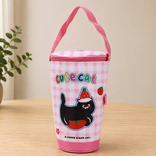 Sac à carreaux pour biberon à motif chat noir sur fond rose avec poignée intégrée