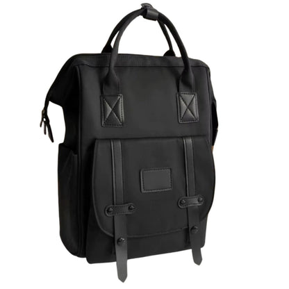 Sac à dos à langer noir au design sobre, avec fermeture zippée et poignée double