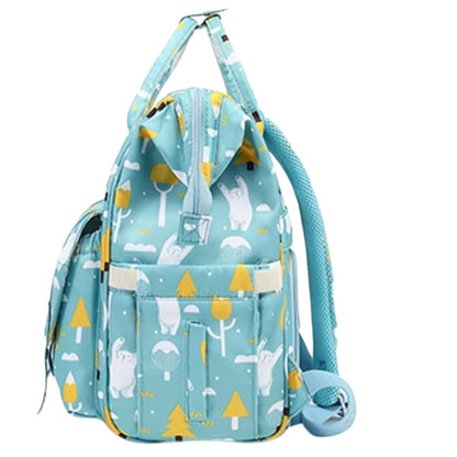 Sac à dos à langer turquoise avec imprimés ludiques et bretelle matelassée visible