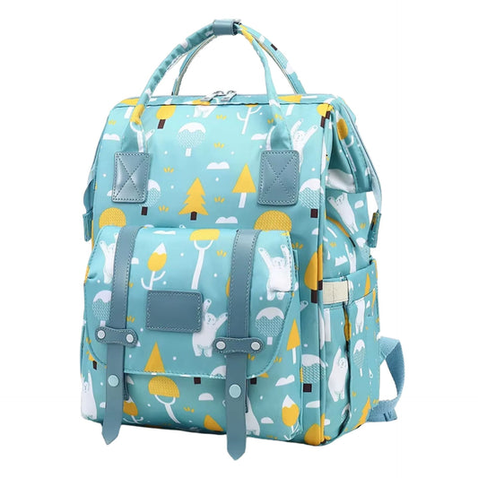 Sac à dos à langer turquoise avec motifs animaux et arbres jaunes, rabat à sangle