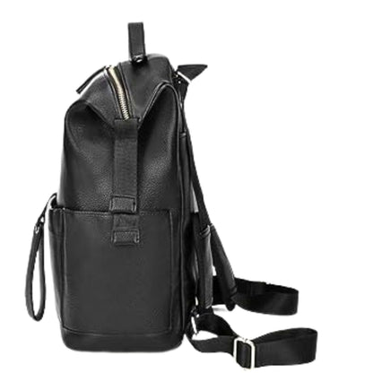 Sac à dos à langer vu de côté, avec poche latérale et fermeture métallique