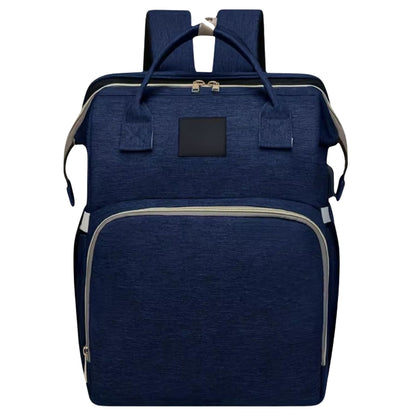 Sac à dos à langer vu de face avec poches zippées et design structuré