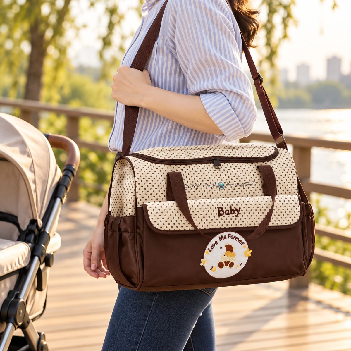 Vue trois quarts d'un sac à langer à pois marron et crème, décoré d'un écusson ourson, avec deux anses et une bandoulière portée à l'épaule
