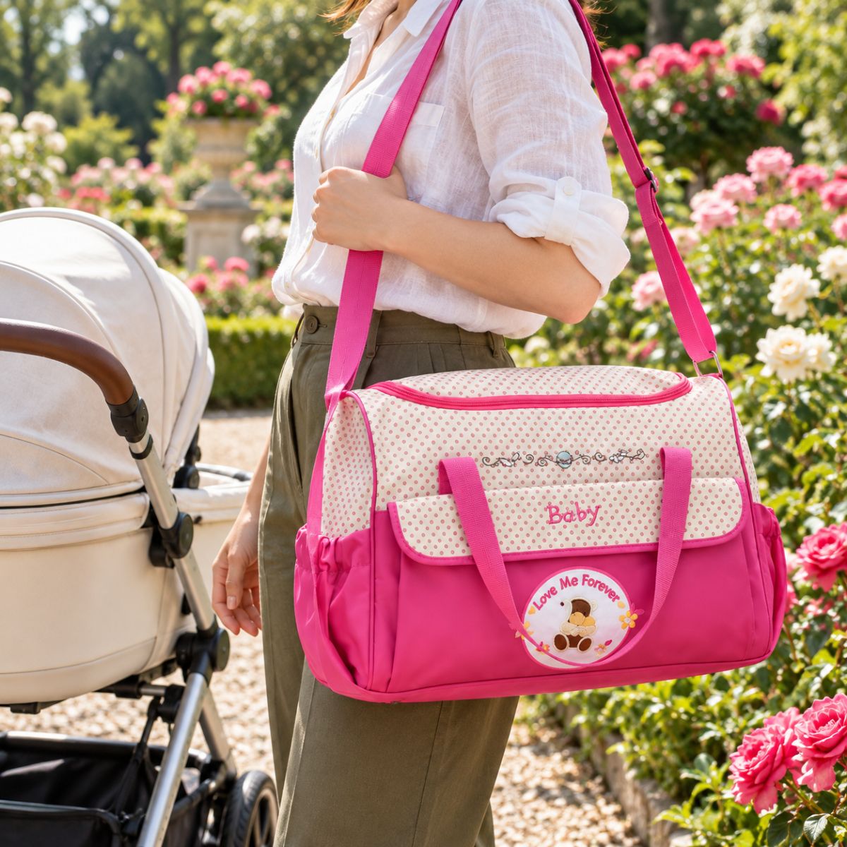 Sac à langer à pois rose avec poche avant à rabat, inscription Baby et motif ourson, porté en bandoulière près d'une poussette dans un jardin fleuri