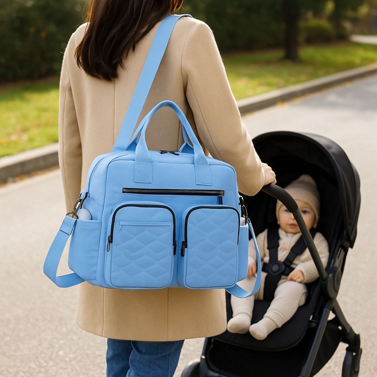 Sac a langer bleu ciel porté en bandoulière sur poussette par une maman