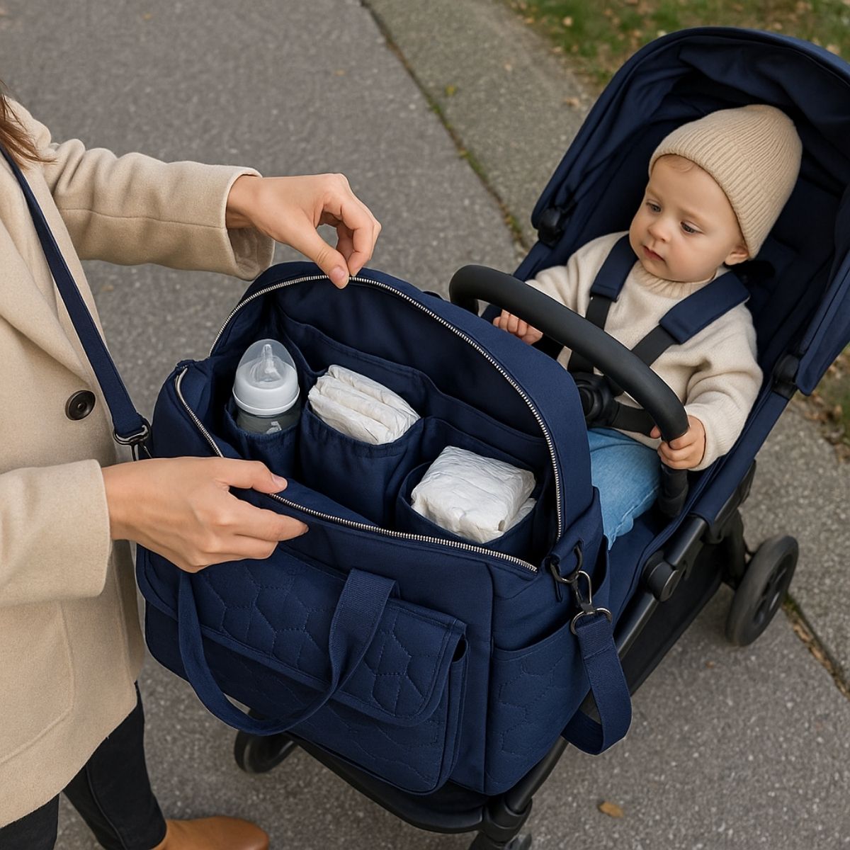 Sac a langer bleu foncé ouvert montrant rangements pour biberons et couches