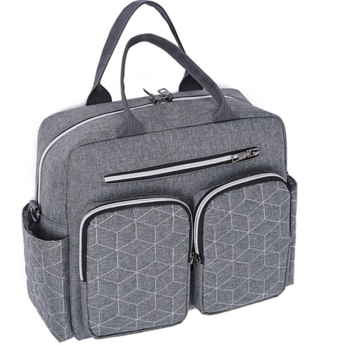 Sac a langer gris vu en angle avec double poche frontale et anse renforcée