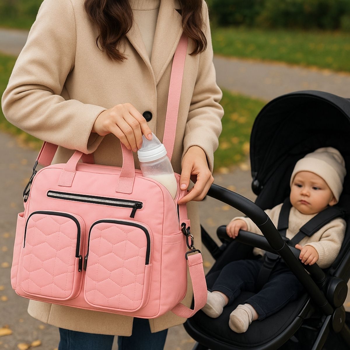 Sac a langer rose porté en bandoulière sur poussette avec biberon inséré