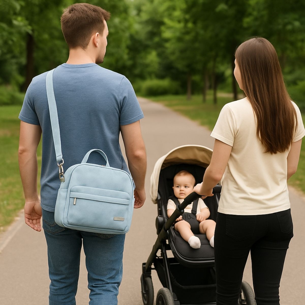 sac a langer bleu clair porté par un papa en balade